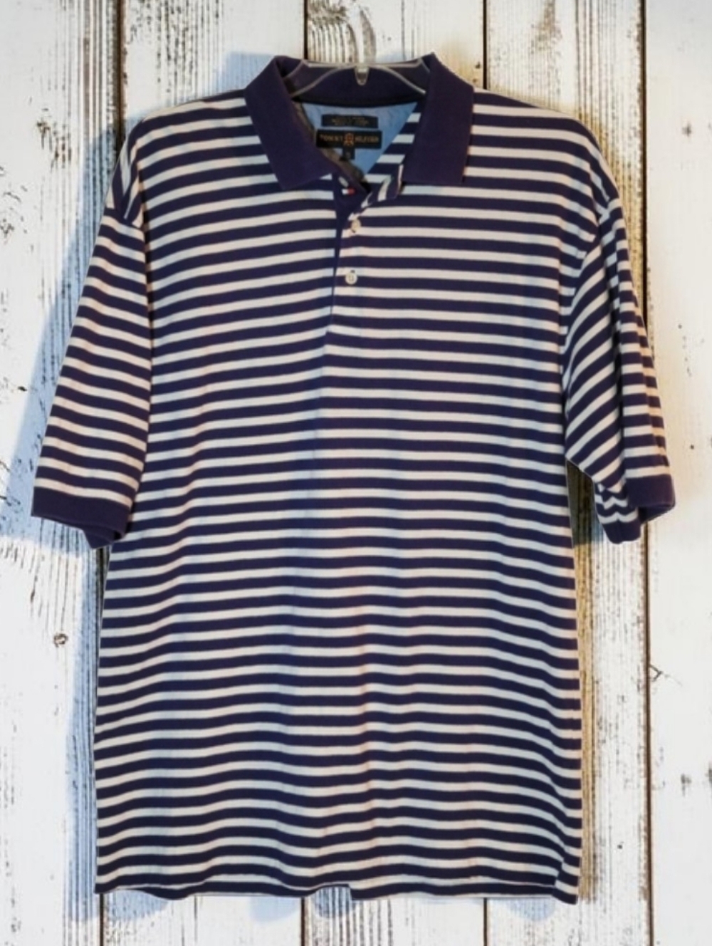 Tommy Hilfiger Purple and White Striped Men's Polo Shirt Size XL